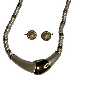 Vintage Napier Art Deco Faux Pearl Necklace & Earring Set Gold Tone Statement